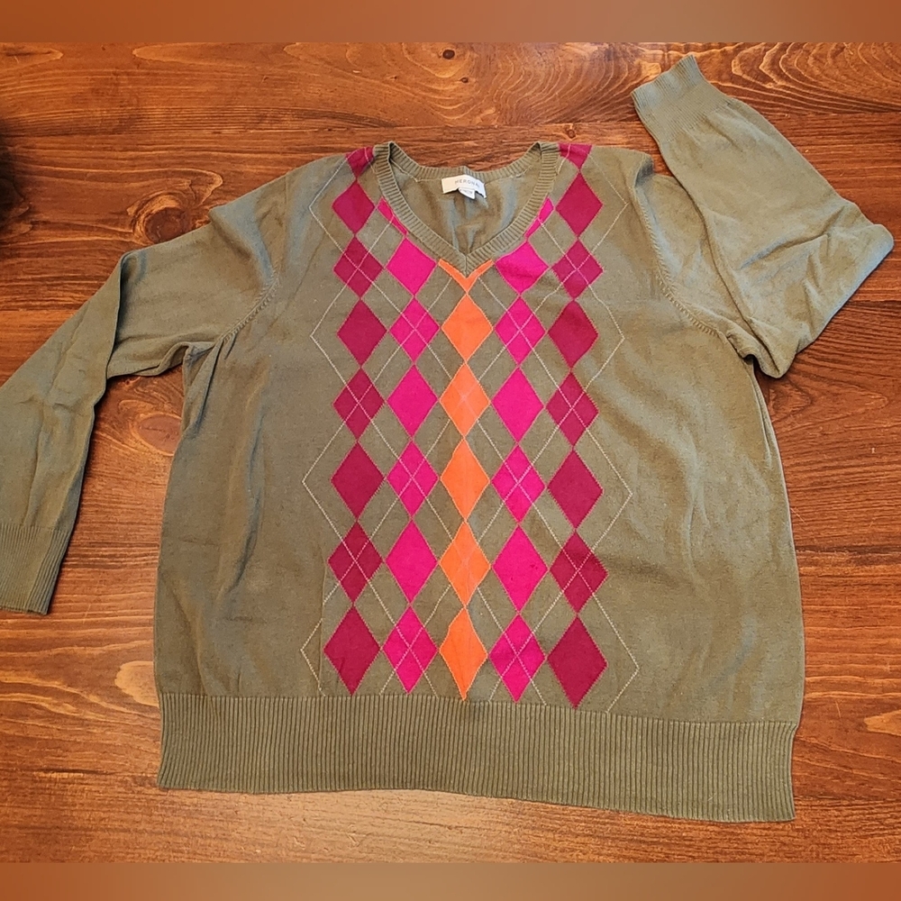 Merona Size 20/22 Green Argyle Sweater with Pink and Orange Accents